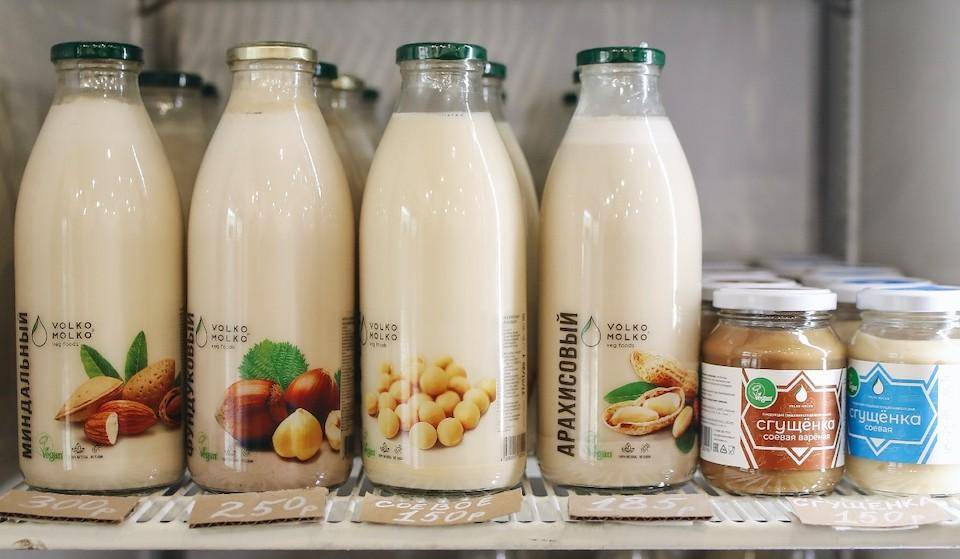 An assortment of bottled nut milks