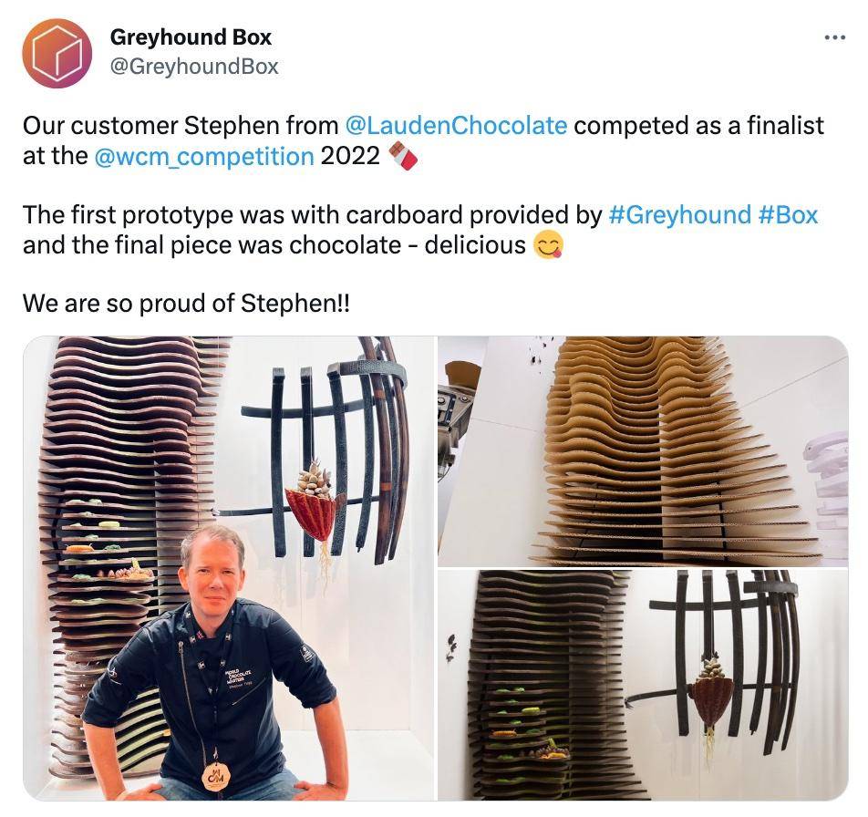 A tweet from the local box company that supplied the cardboard for Stephan Trigg's chocolate sculpture prototype