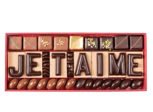 Jadis et Gourmande Chocolate Love message (France), 7 lettres de chocolat praliné et gianduja.