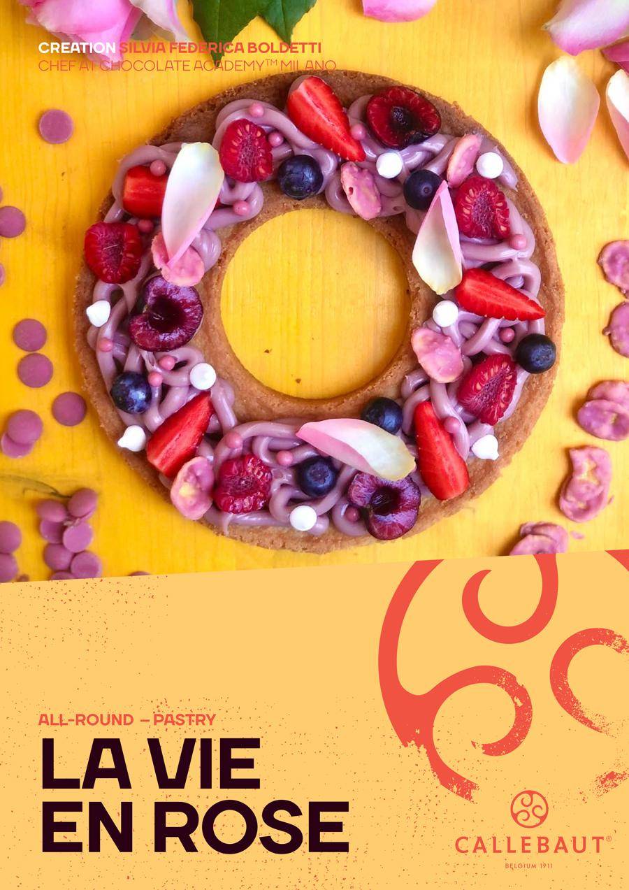 Sablé la vie en rose with ruby chocolate and red fruit by Callebaut chef Silvia Boldetti