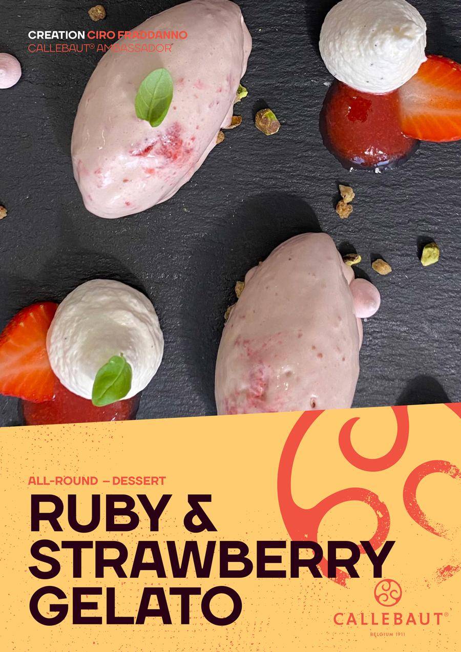 Gelato de chocolate ruby Callebaut com morangos pelo Ciro Fraddanno mestre em gelato