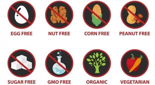 8 different food label icons denoting labeled food is free from an ingredient or that it adheres to a particular diet (ie.e Paleo)