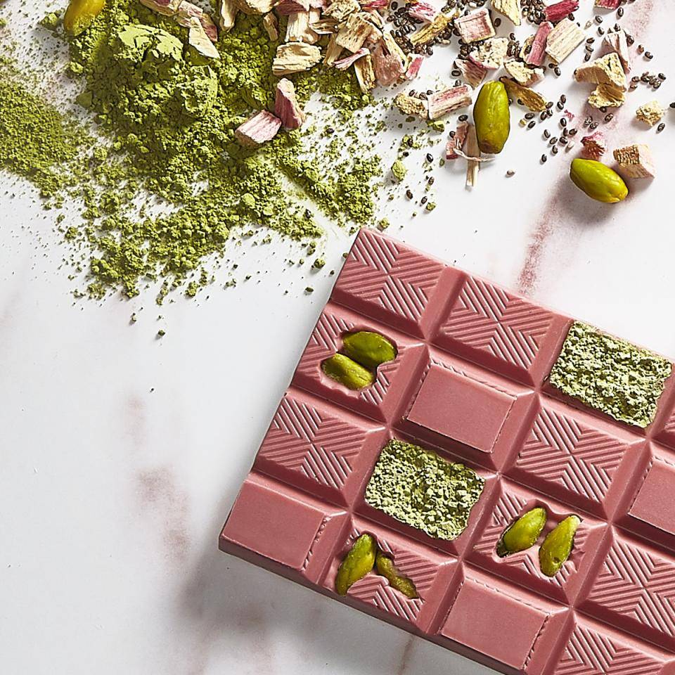A Ruby Chocolate Tablet with matcha and pistachio inclusions
