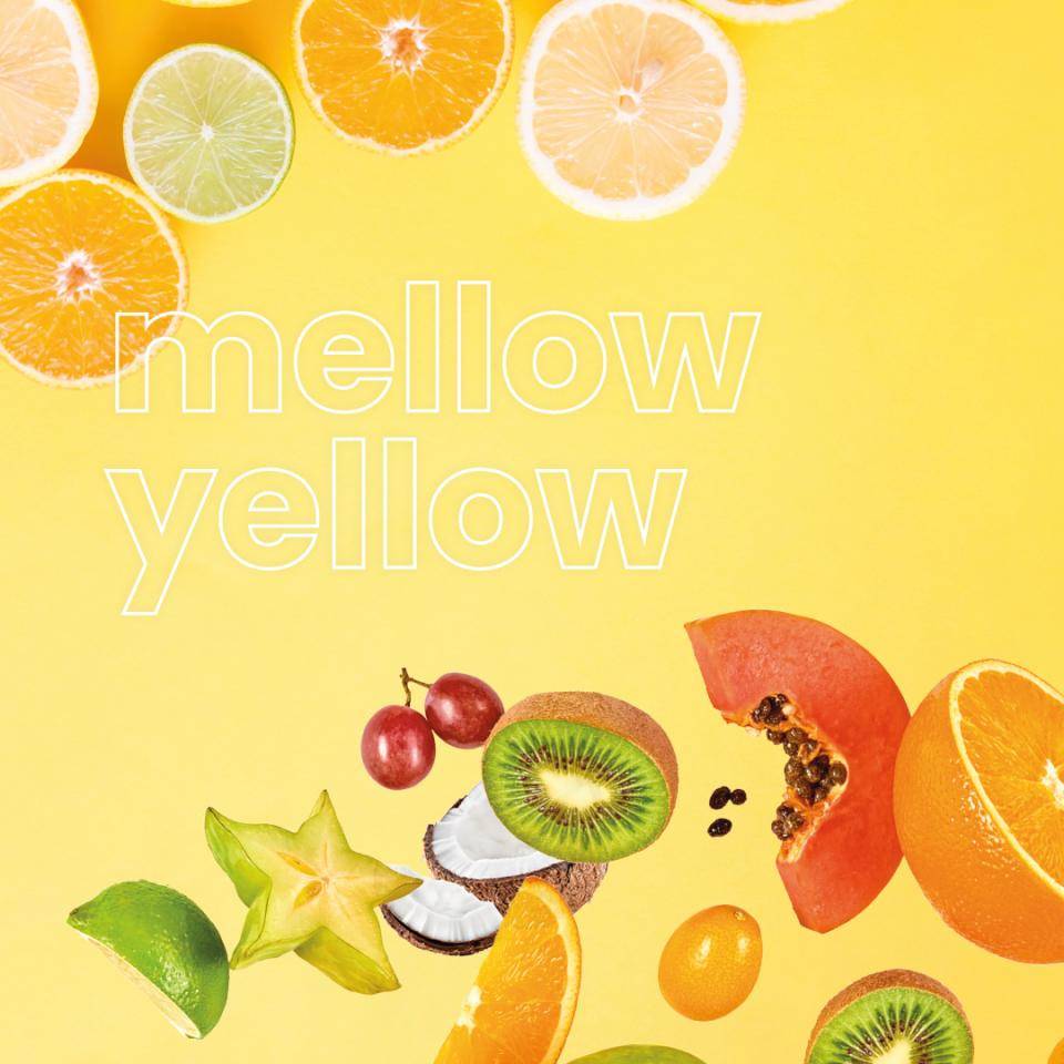 slices of tropical and citrus fruits on a yellow background. Text: mellow yellow