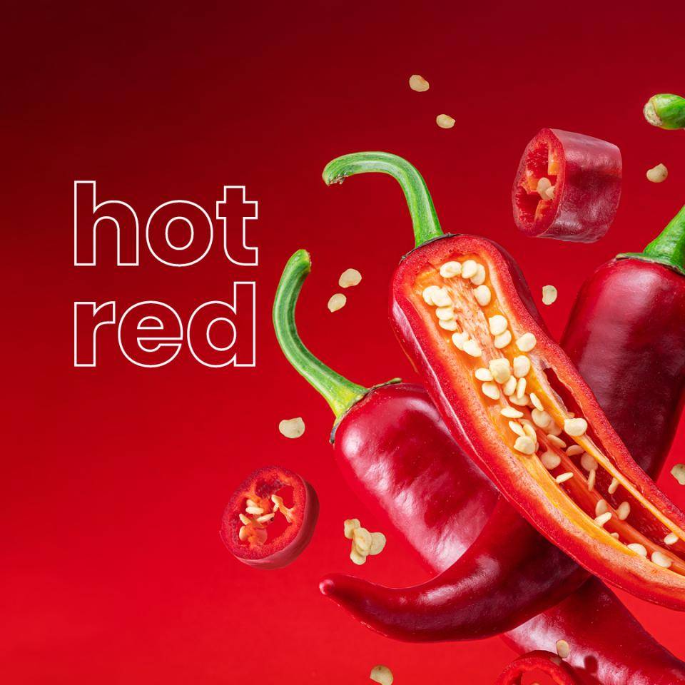 Red peppers, one sliced open length-wise. Text: hot red