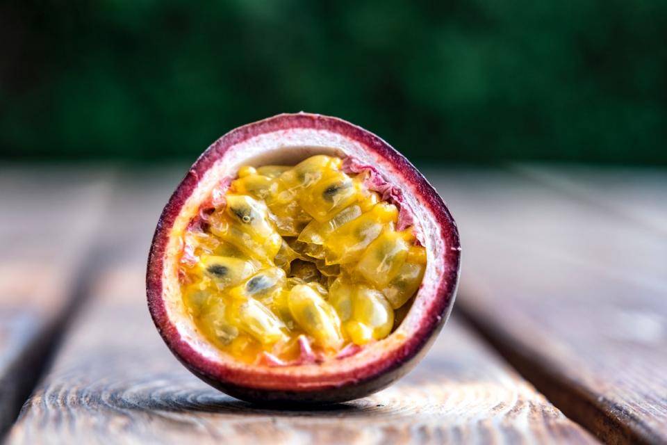 Inside view of a halved passion fruit
