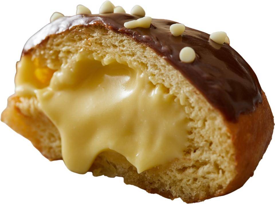 A custard-filled donut with chocolate glaze