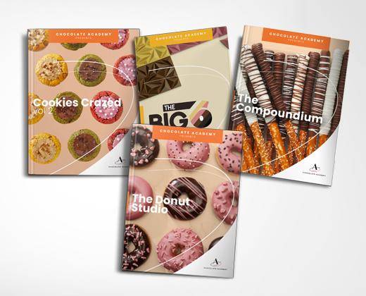 Chocolate Academy Presents Materials showing donuts, beverages, pancakes, and chocolate tablets