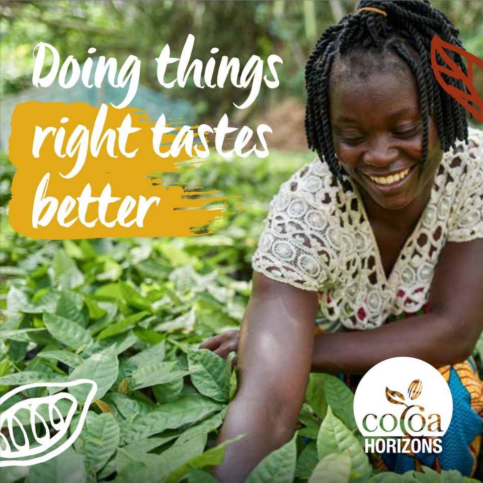 A woman working among cocoa seedlings. Text: Doing things right tastes better + Cocoa Horizons logo