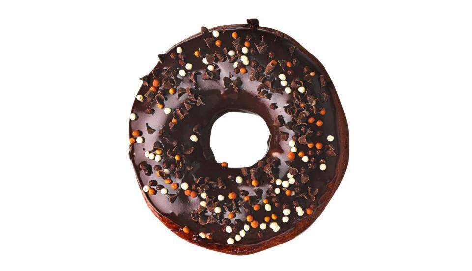 A chocolate-glazed donut with Crispearls™