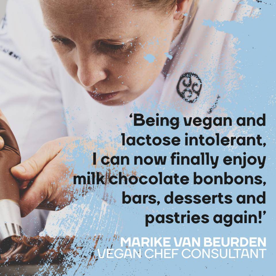 Chef Marike van Beurden piping ganache with quote: "Being vegan and lactose intolerant, I can now finally enjoy milk chocolate bonbons, bars, desserts, and pastries again!"  