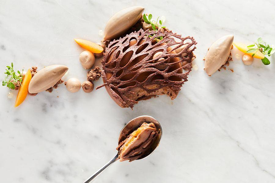 An elegant plated dessert made with Callebaut NXT