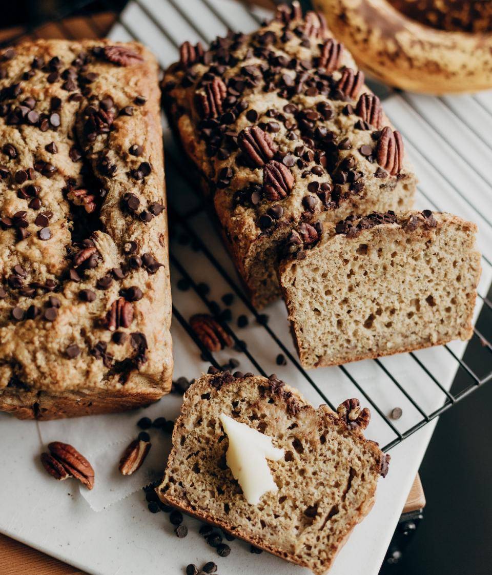 Two loaves of whole-grain banana bread with chocolate chips and pecans