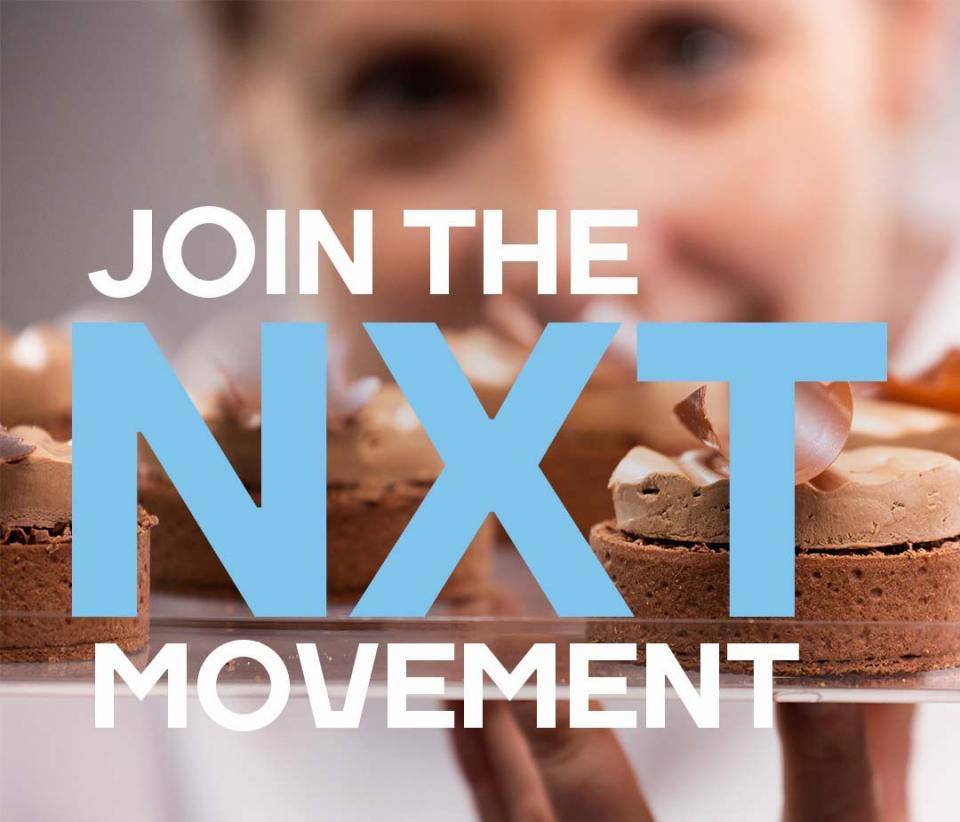 Text: "Join the NXT movement" over a background of tarts made with Callebaut NXT chocolate