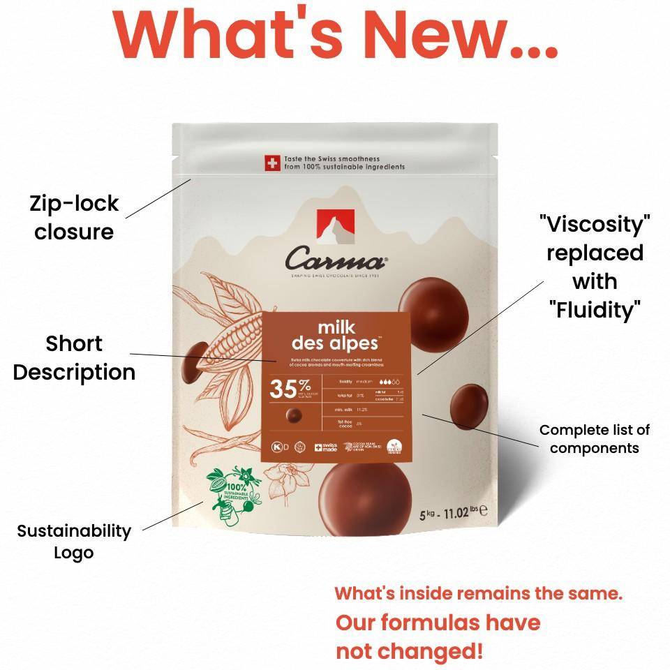 An image of a pack of Carma Des Alpes Milk Chocolate with the new features labled