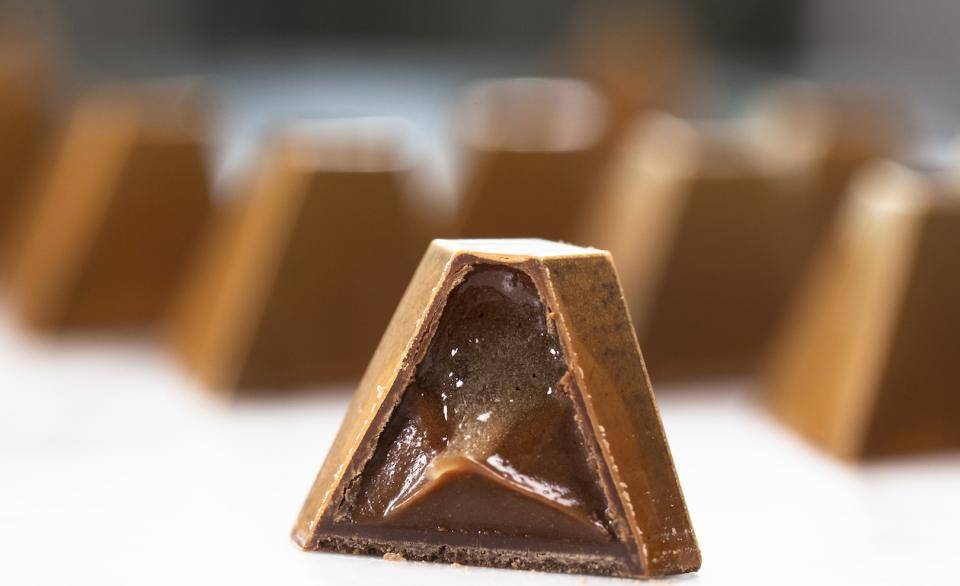 Pyramid-shaped bonbons filled with dairy-free ganache