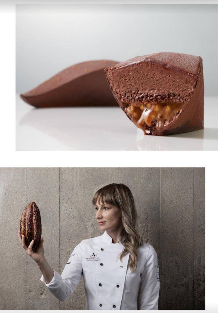 Top: Chef Lauren Haas's plant-based Evocao chocolate dessert, Bottom: Chef Lauren gazes thoughtfully at a cacao bean