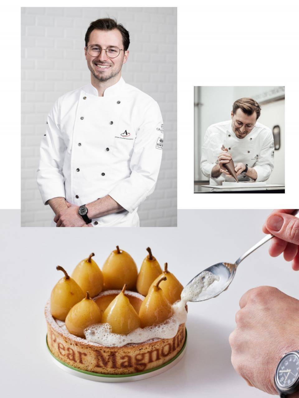 Images of Nicoll Notter and the pear dessert he contribute to So Good #29