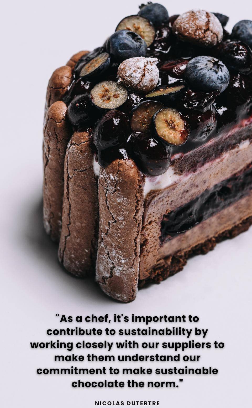 Image of Chef Nico's chocolate charlotte. Text: "As a chef, it's important to contribute to sustainability by working closely with our suppliers to make them understand our commitment to making sustainable chocolate the norm." 