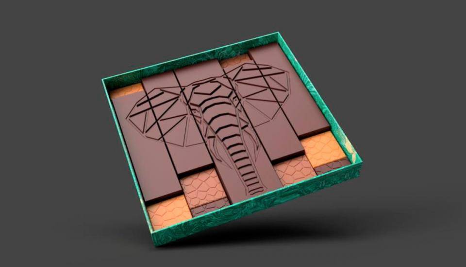A collection of square chocolate tablets that, when combined, form the image of an elephant