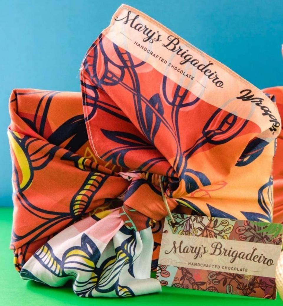 A colorful scarf tied in a bow serves as packaging for brigadeiro from Mary's Brigadeiro in Vancouver