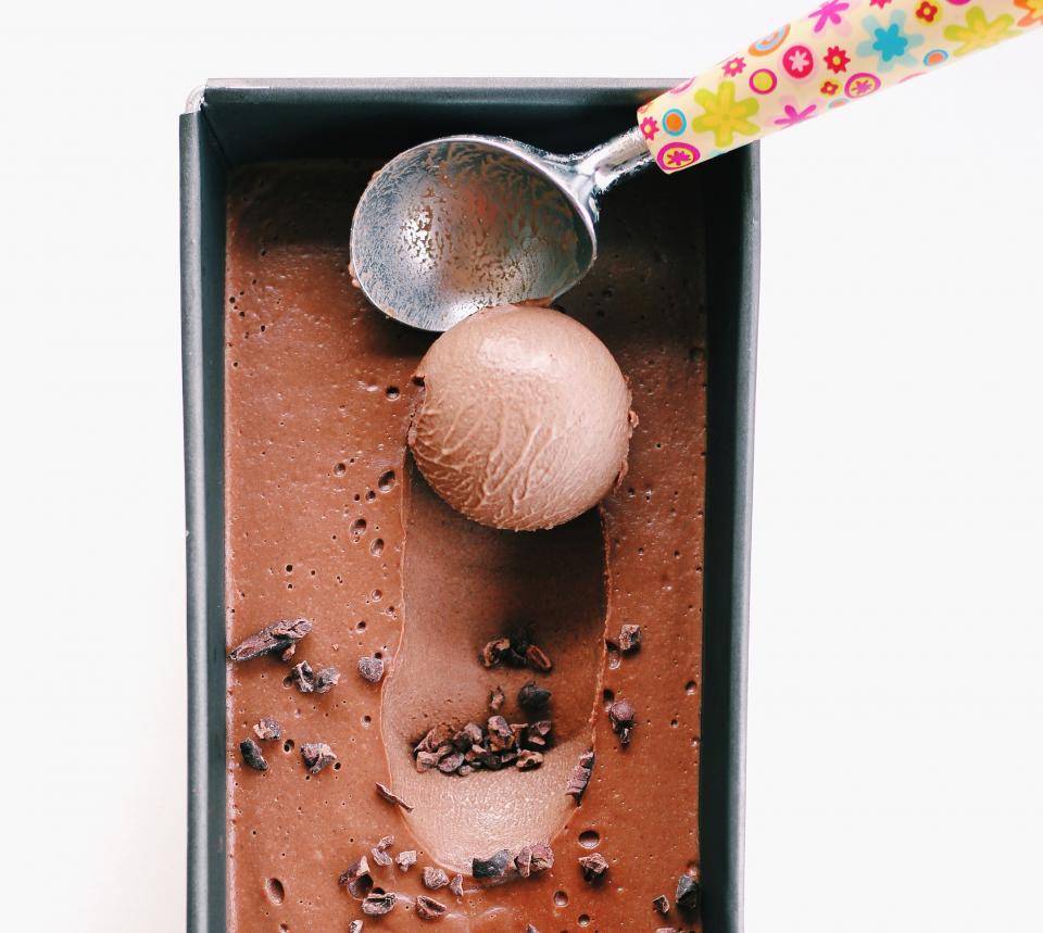 sorvete de chocolate visto de cima com uma bola feita 