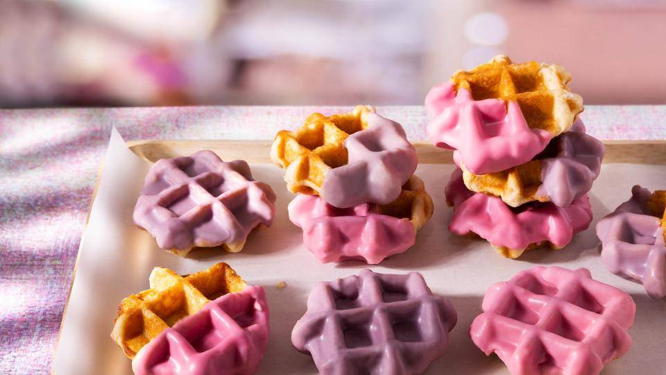 Belgian waffles dipped in colored chocolate