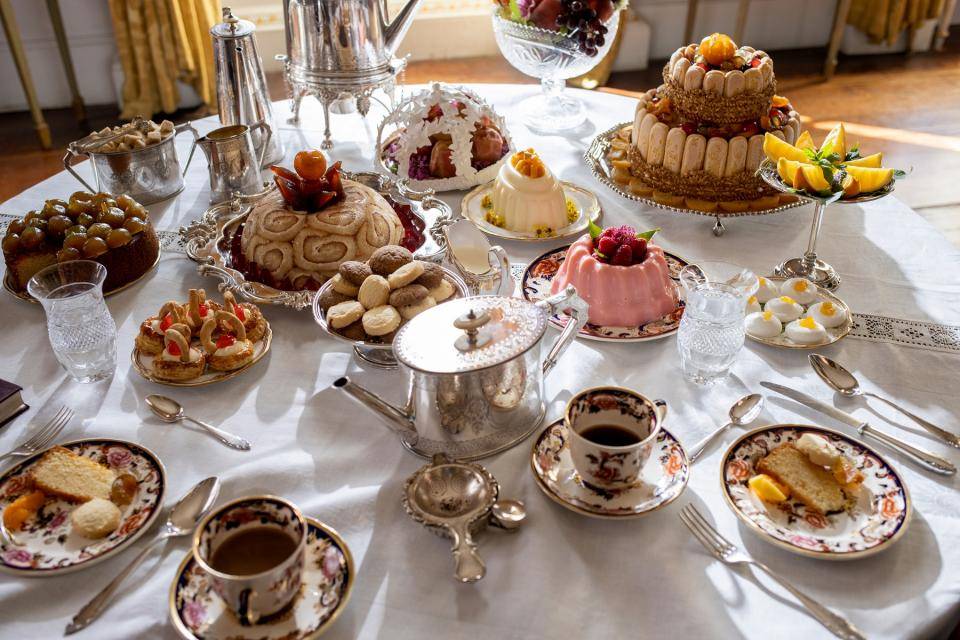 Still of a table full of sweets from the Bridgerton Netflix series