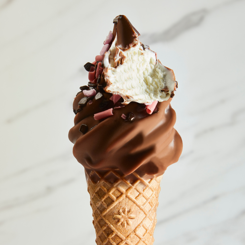 A chocolate-dipped vanilla soft serve cone