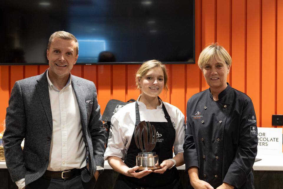 Callebaut Jr Chocolate Master for 2023 Mignon Styrdom (center) with Chef Julie Sharp (Right) and Steve Lewis )(left)