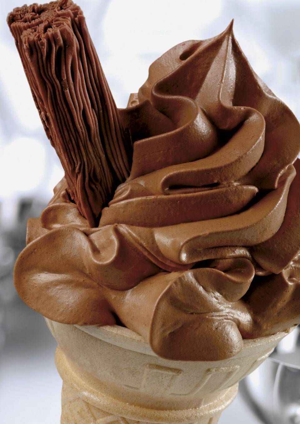 A swirl of soft-serve chocoalte ice cream in a cone