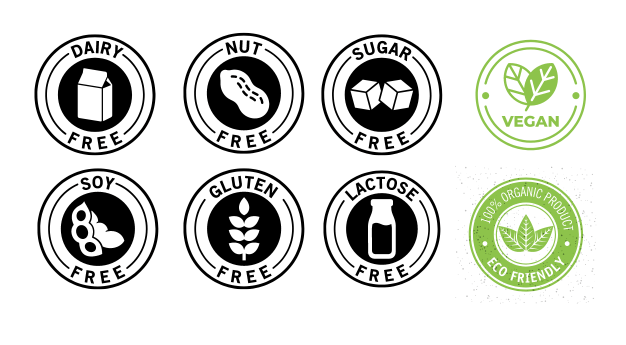 Infografika przedstawiająca 8 różnych logo "free-from"