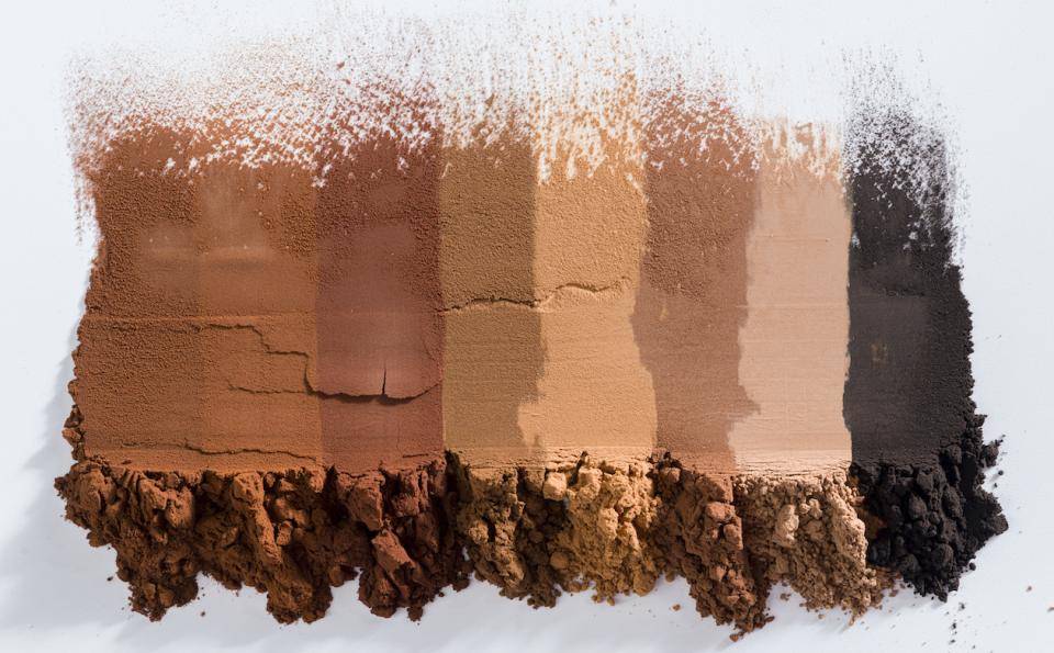 A variety of dried cocoa powders spilled on a white surface showing the range of colors