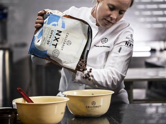 Chef Marike van Beurden working in the kitchen with Callebaut dairy-free NXT M_lk chocolate