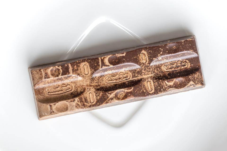 A chocolate bar with bloom and other signs of age