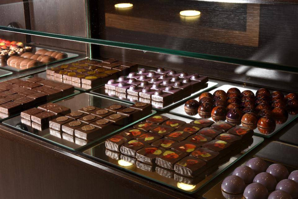 A display case in a chocolate shop