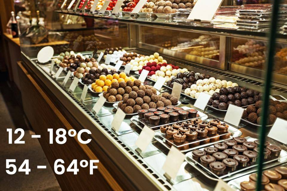 a temperature-controlled display case of chocolate confections