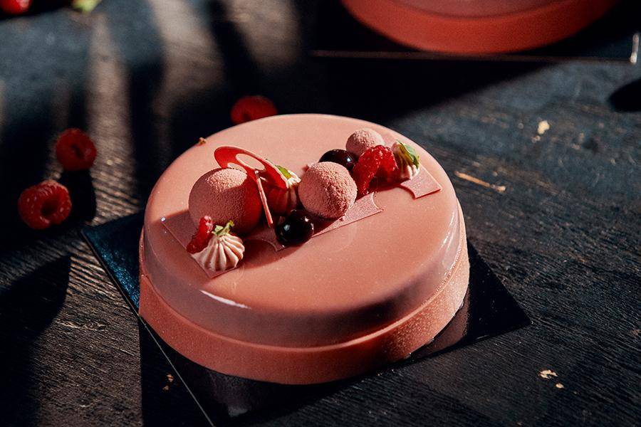 Ruby Cherry Cake with cherry confit crémeux and hazelnut moelleux by Callebaut chef Jurgen Koens