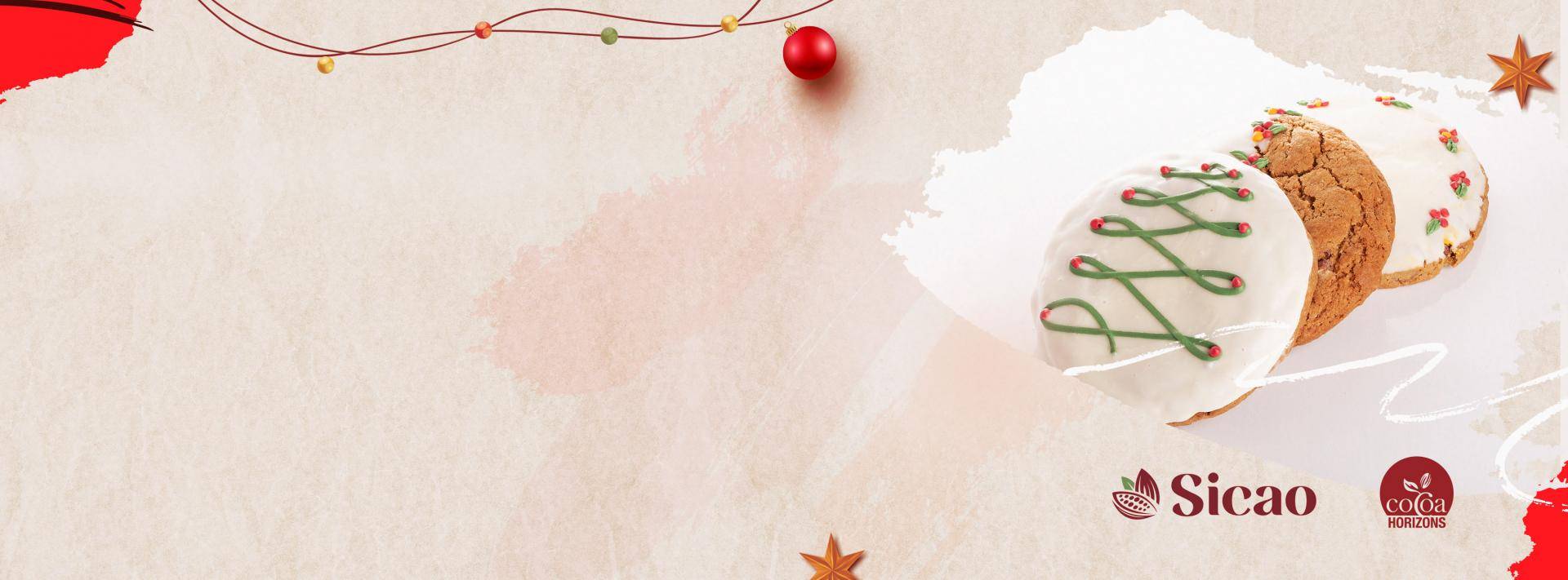 banner em tons claros de vermelho e, do lado direito, cookiets com cobertura branca e desenho de uma árvore de Natal