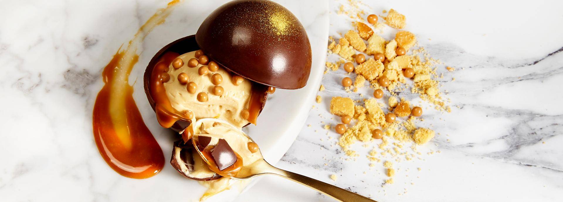 Chocolate Dome with Gold Ganache & Crispy Caramel slider