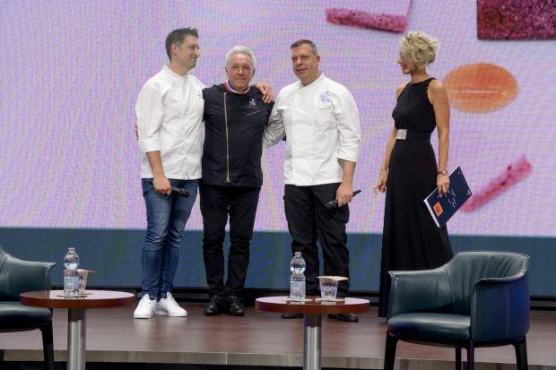 Chefs Alberto Simonato, Philippe Bertrand, and Costa Cruise's lead chef presenting to guests