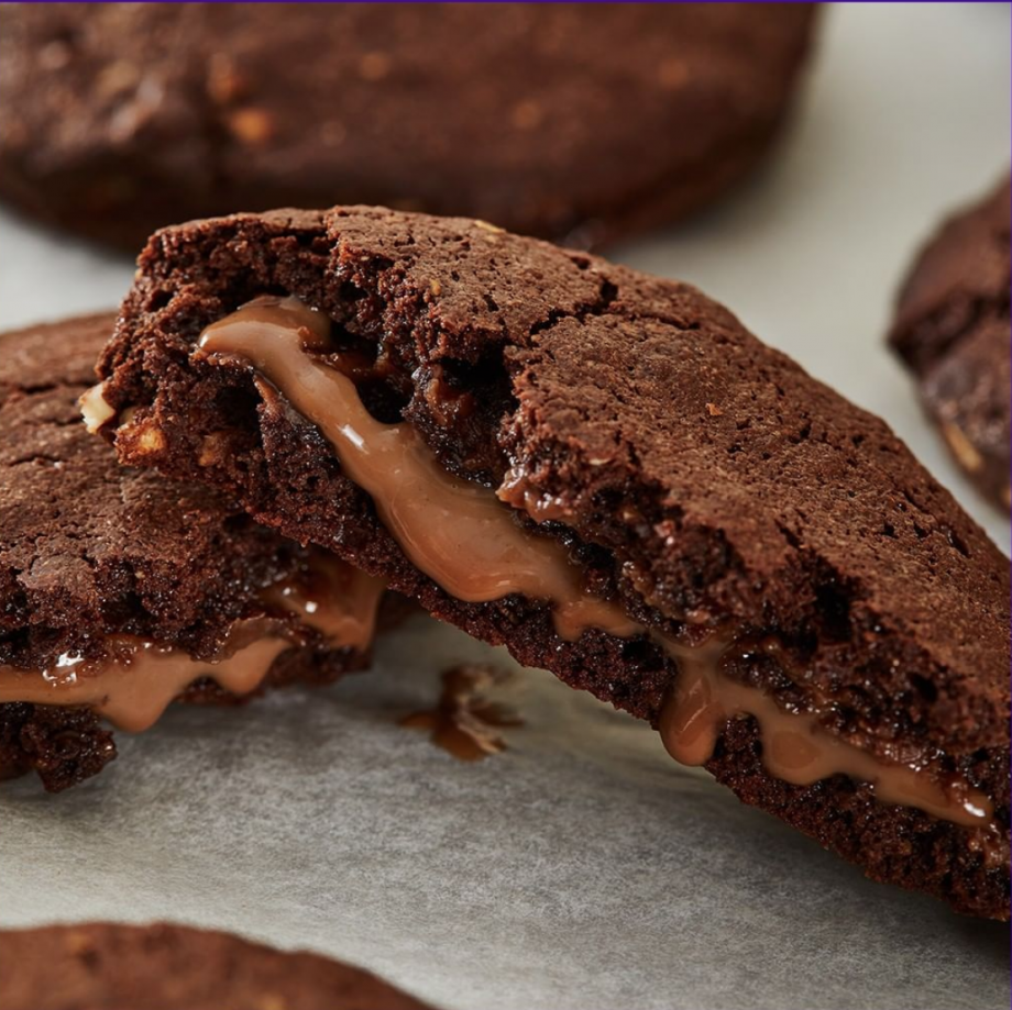 Dark chocolate cookie with milk chocolate ganache filling