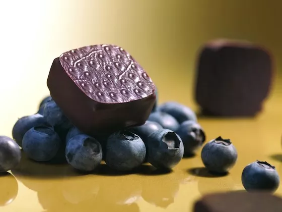 An enrobed bonbon sits on top of a pile of blueberries