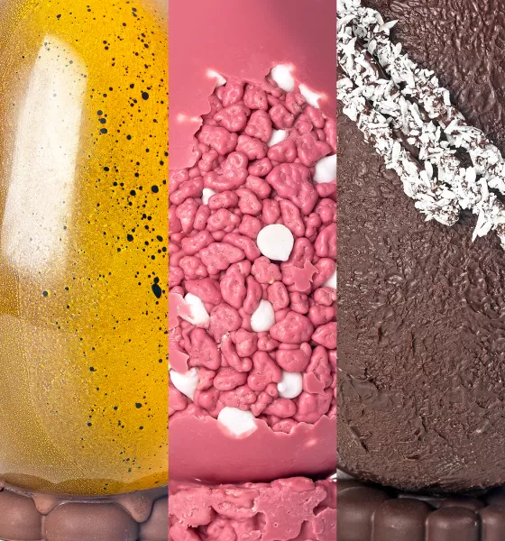 foto dividida em três partes mostrando um pedaço de cada ovo em zoom