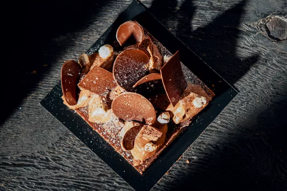 Classy brownie with dark chocolate mousse by Callebaut chef Jurgen Koens