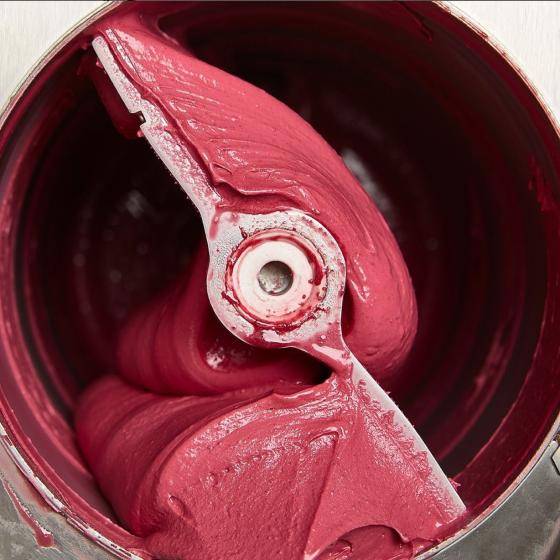 Inside view of a batch freezer with Ruby chocolate ice cream