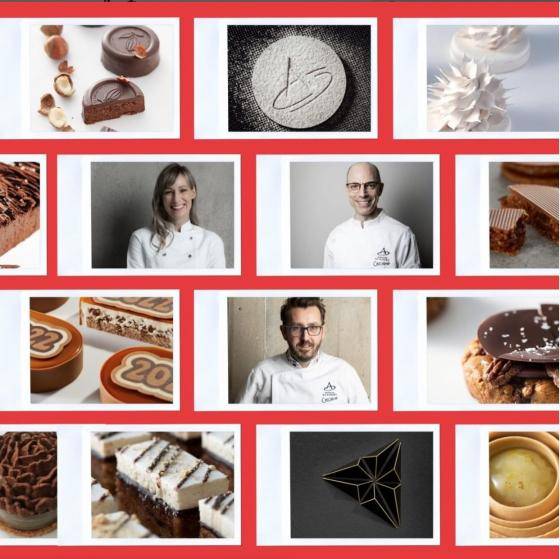 A photo collage featuring Chicago Academy™ chefs and finished pastry products
